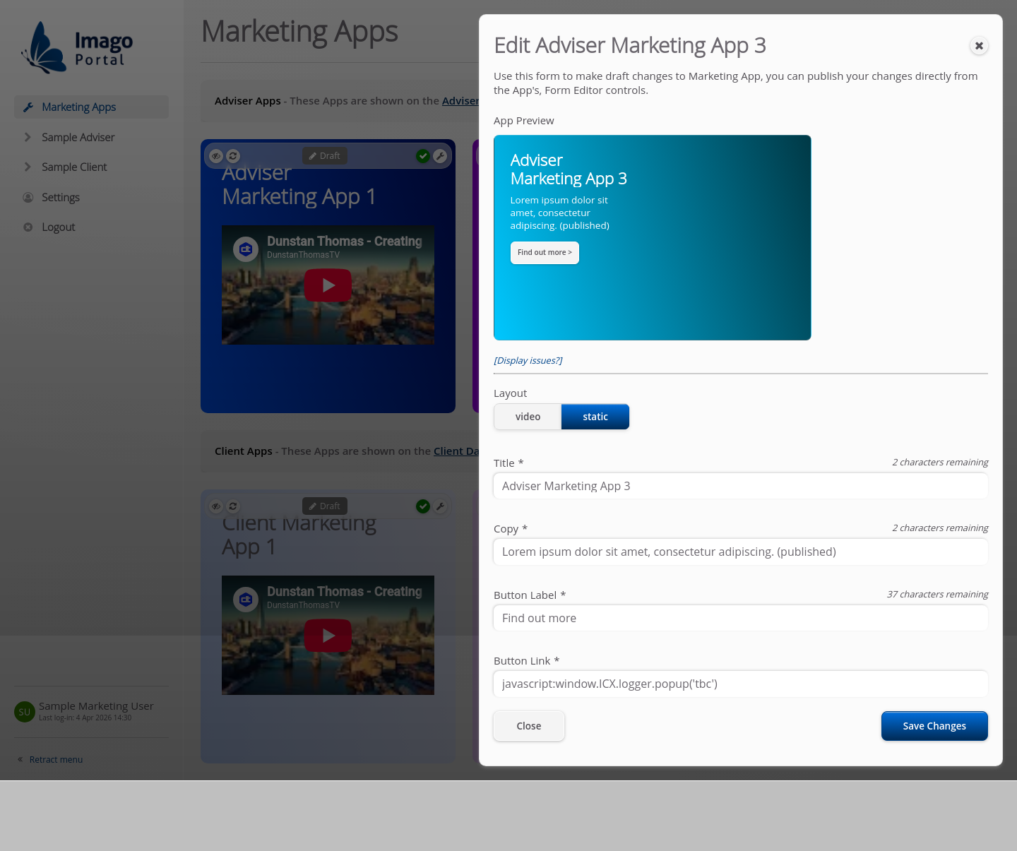 Role-Marketing > 01 Marketing Dashboard > Edit Marketing Apps